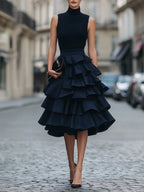 Cordele - Women's Sleeveless High-Neck Tiered Ruffle Midi Dress