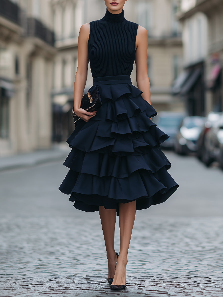 Cordele - Women's Sleeveless High-Neck Tiered Ruffle Midi Dress