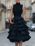 Cordele - Women's Sleeveless High-Neck Tiered Ruffle Midi Dress
