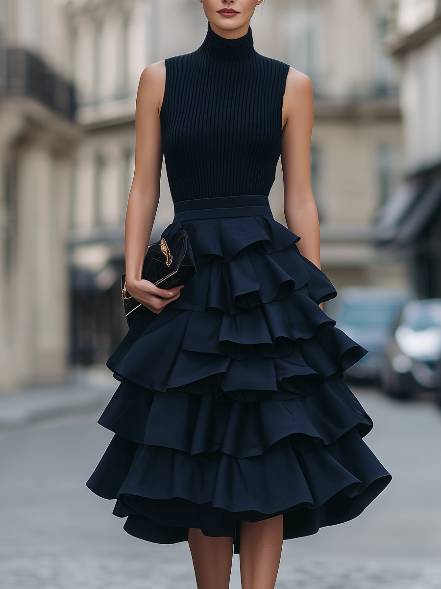 Cordele - Women's Sleeveless High-Neck Tiered Ruffle Midi Dress