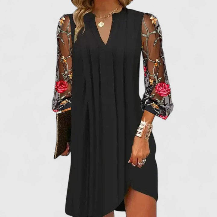 Dahlia - Women's Floral Sheer-Sleeve V-Neck Mini Dress