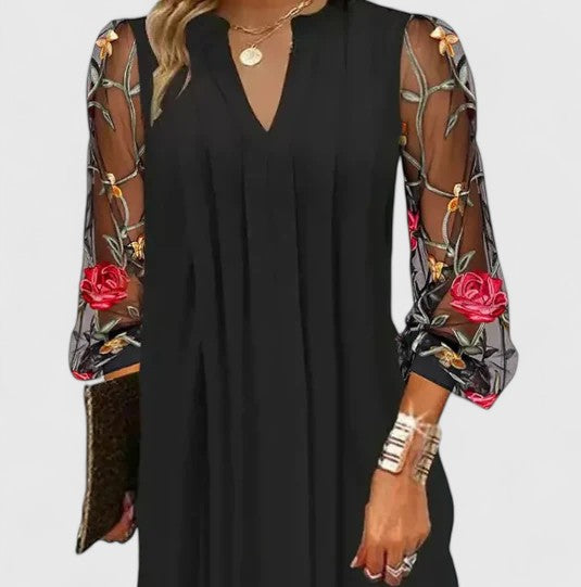 Dahlia - Women's Floral Sheer-Sleeve V-Neck Mini Dress