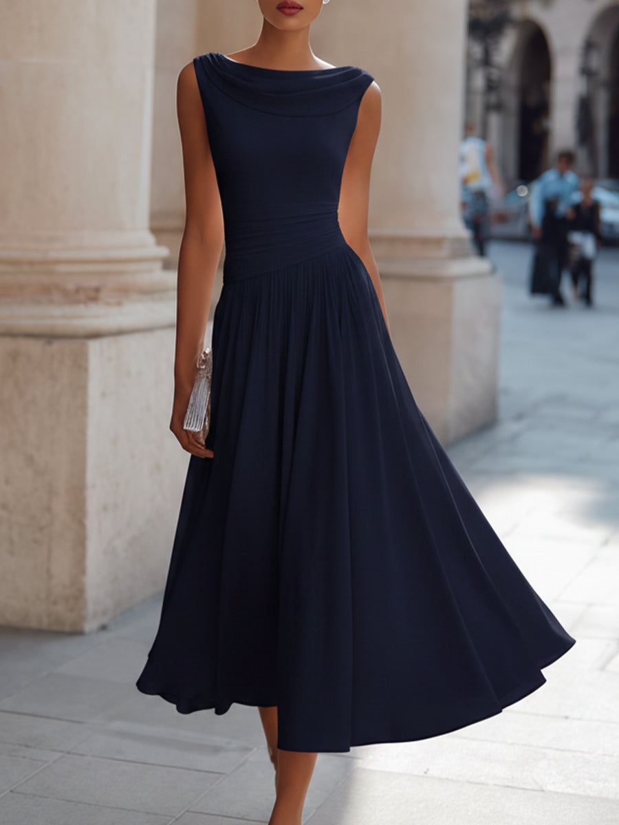 Darla - Women's Draped Neckline Pleated Midi Dress