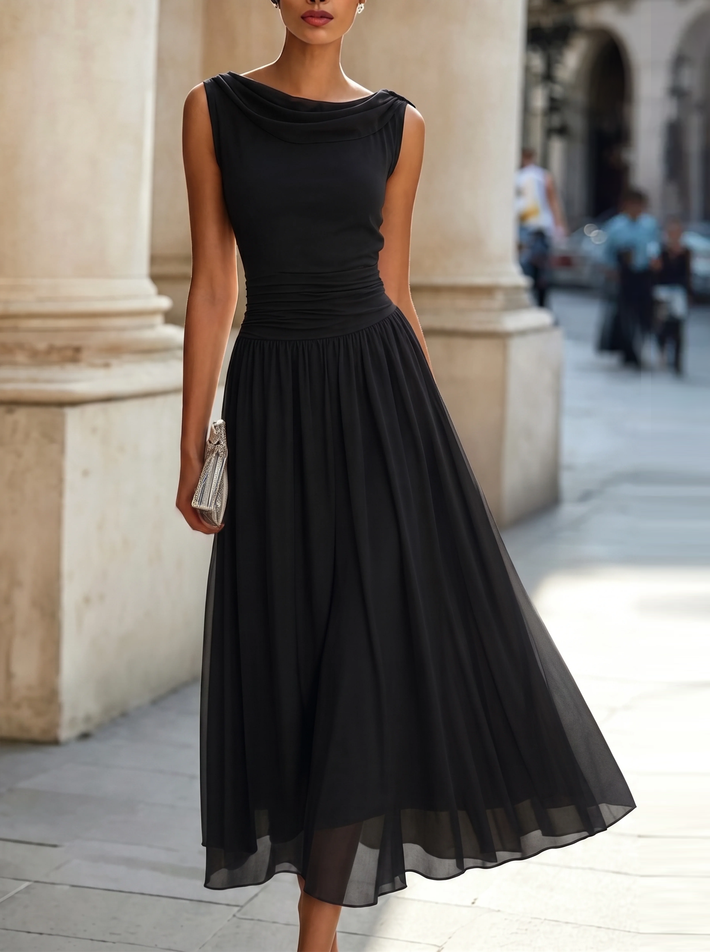 Darla - Women's Draped Neckline Pleated Midi Dress