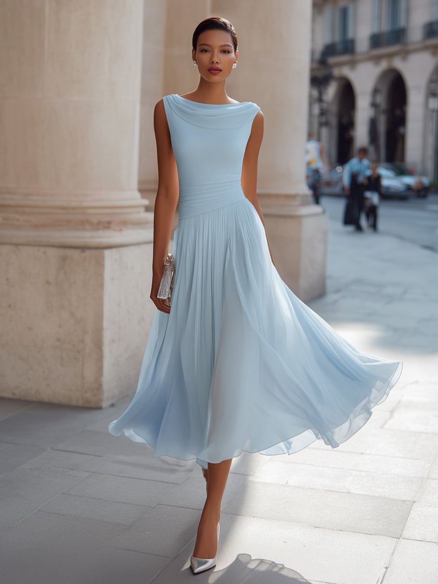 Darla - Women's Draped Neckline Pleated Midi Dress