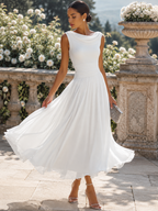 Darla - Women's Draped Neckline Pleated Midi Dress