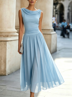 Darla - Women's Draped Neckline Pleated Midi Dress
