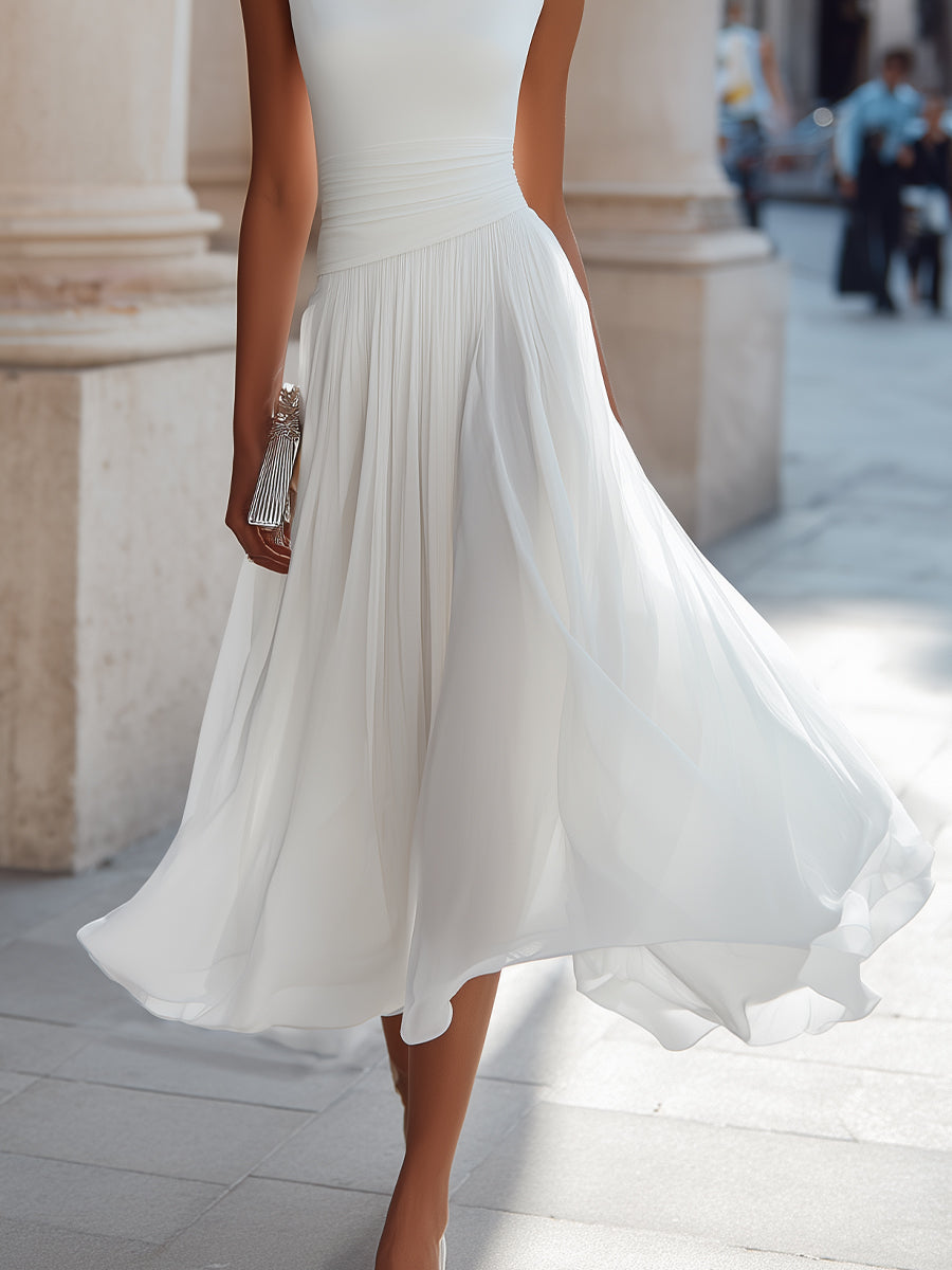Darla - Women's Draped Neckline Pleated Midi Dress