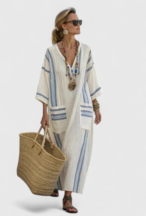Dorothea - Women's Striped V-Neck Maxi Dress