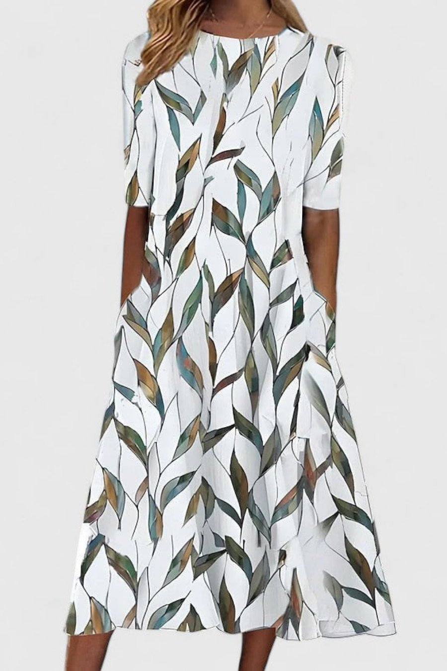 Ella - Women's Floral A-Line Midi Dress with Side Pockets