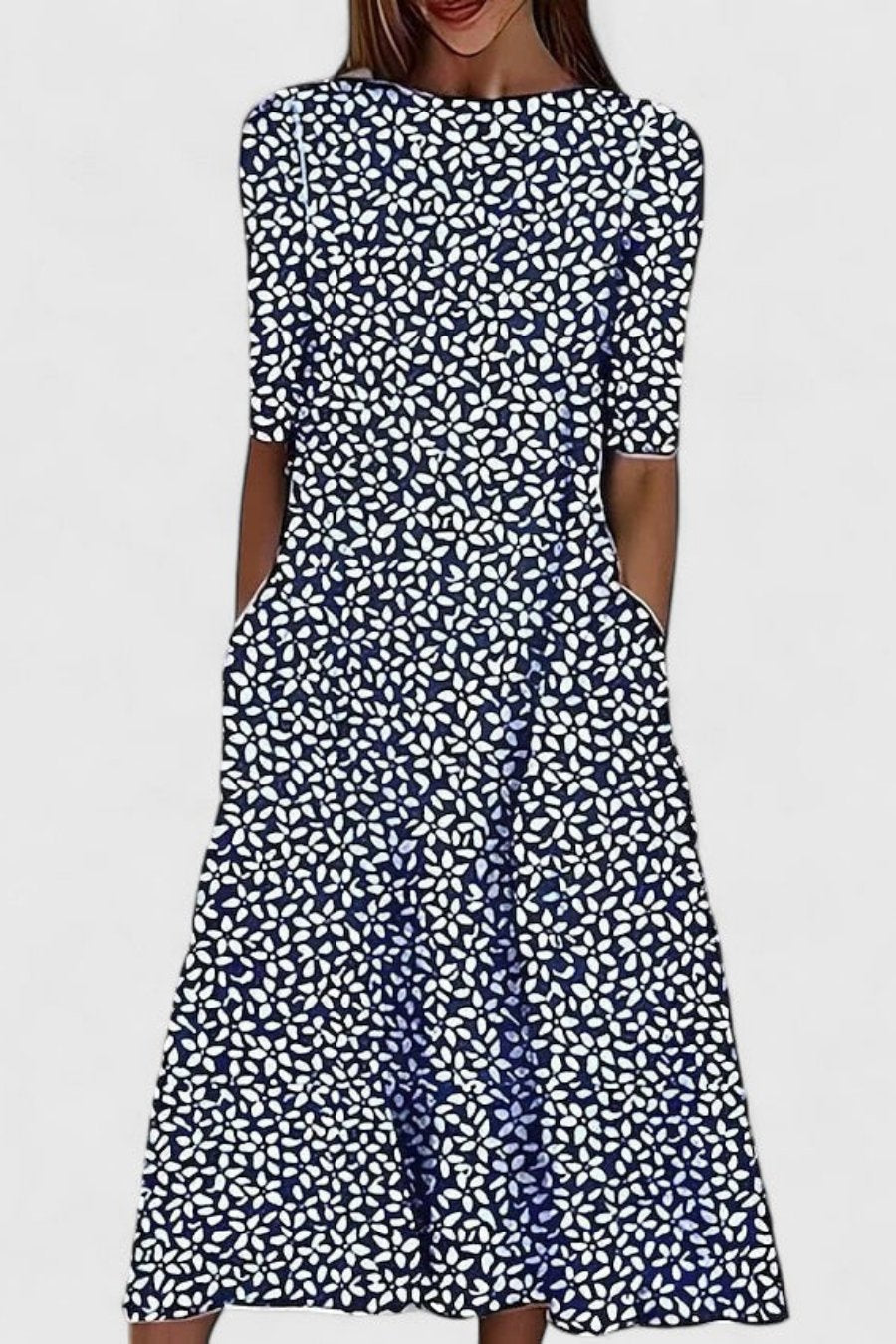 Ella - Women's Floral A-Line Midi Dress with Side Pockets