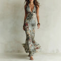 Ellinor - Women's Floral Halter Plunge Neck Maxi Dress 1