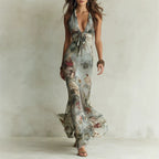 Ellinor - Women's Floral Halter Plunge Neck Maxi Dress 1