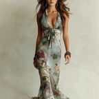 Ellinor - Women's Floral Halter Plunge Neck Maxi Dress 2