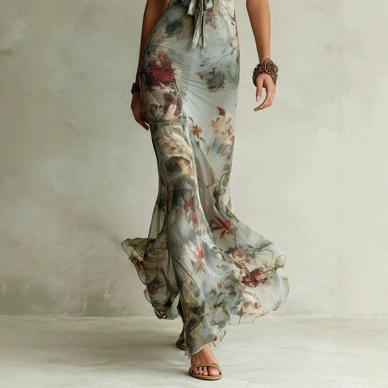 Ellinor - Women's Floral Halter Plunge Neck Maxi Dress 3