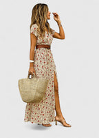 Erika - Women's Printed V-Neck Maxi Dress with Belted Waist
