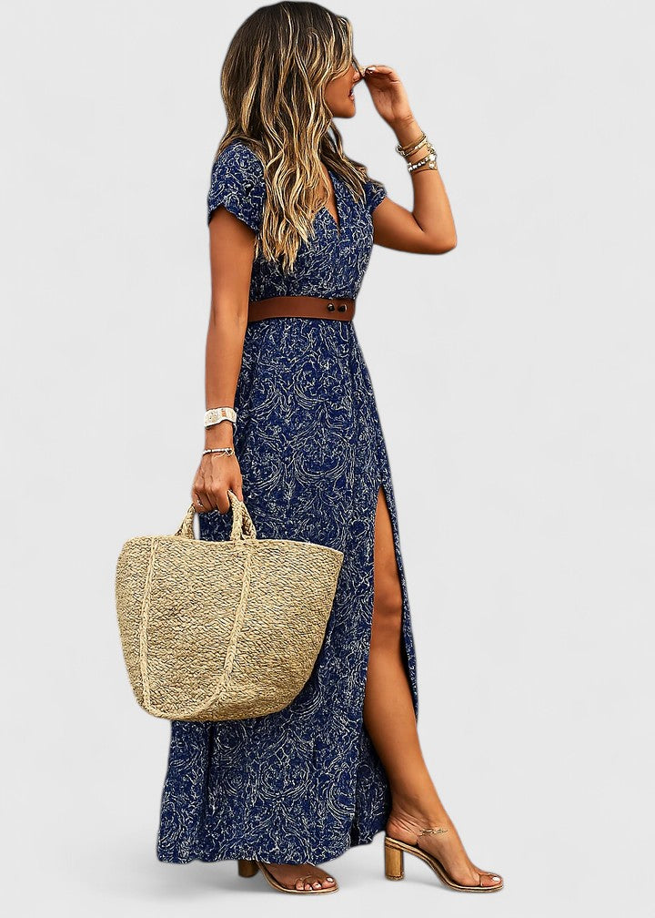 Erika - Women's Printed V-Neck Maxi Dress with Belted Waist