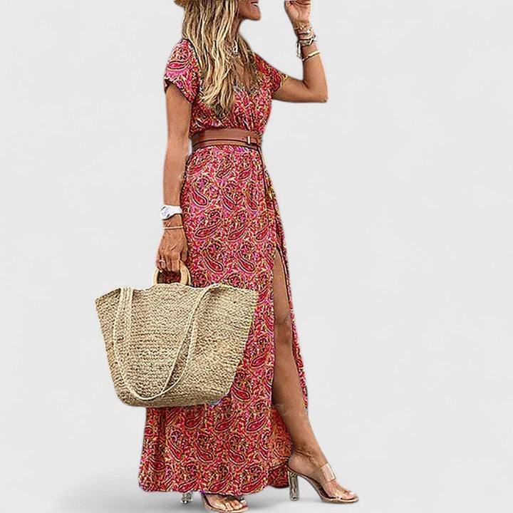 Erika - Women's Printed V-Neck Maxi Dress with Belted Waist