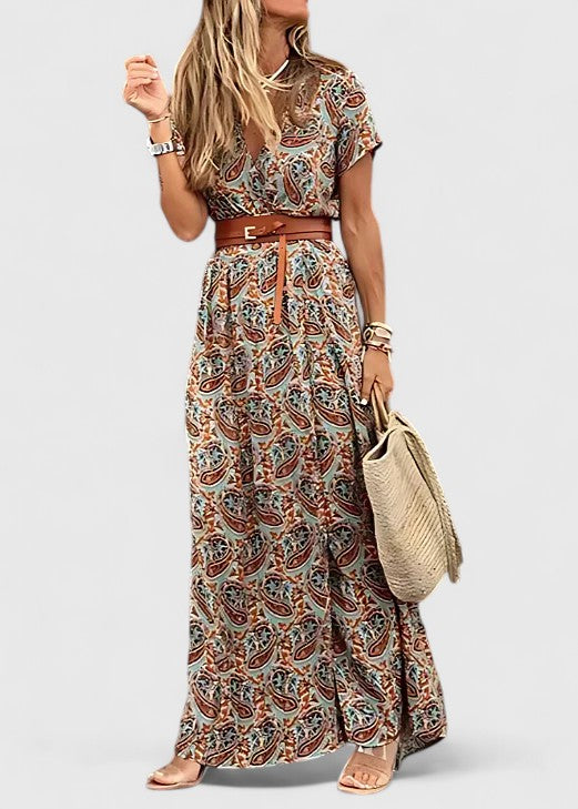 Erika - Women's Printed V-Neck Maxi Dress with Belted Waist