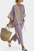 Esther - Women's Oversized Linen Top & Striped Cropped Pants Set