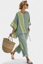 Esther - Women's Oversized Linen Top & Striped Cropped Pants Set