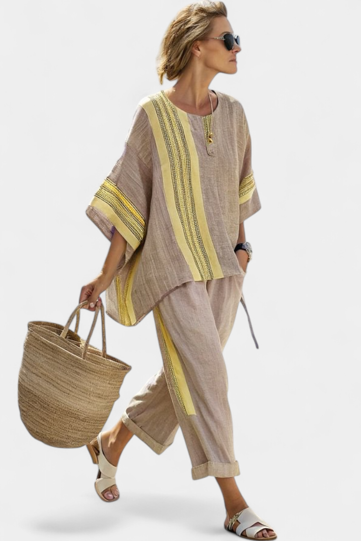 Esther - Women's Oversized Linen Top & Striped Cropped Pants Set