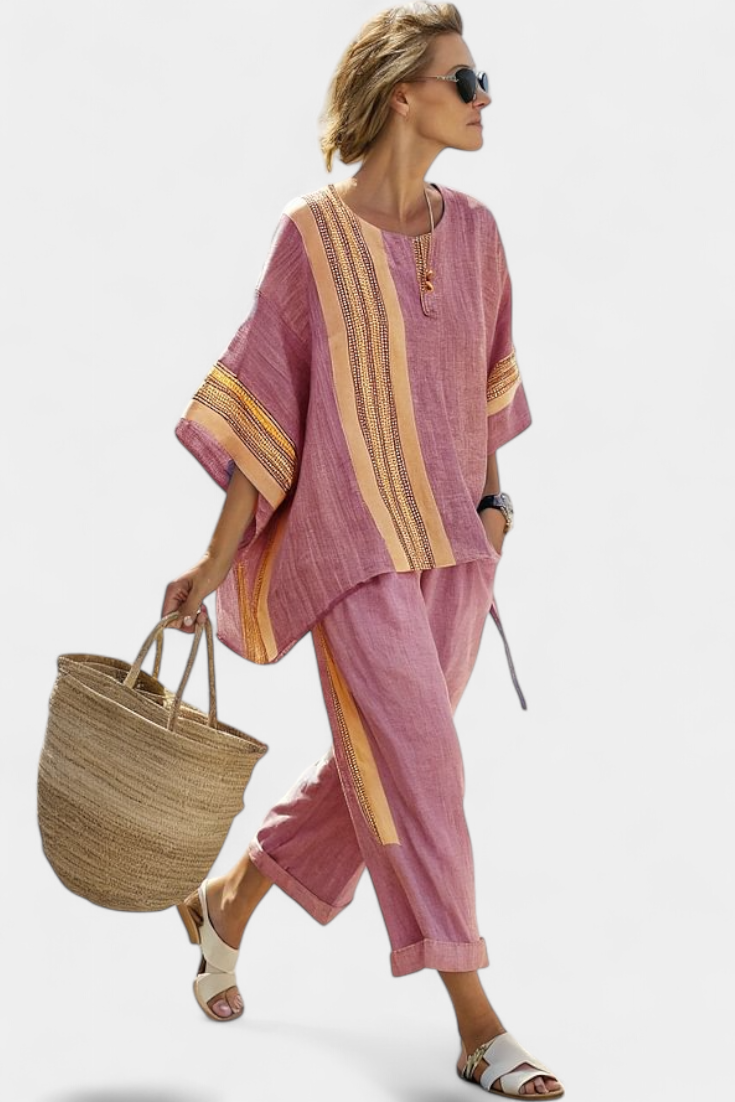 Esther - Women's Oversized Linen Top & Striped Cropped Pants Set