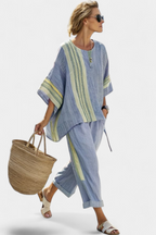Esther - Women's Oversized Linen Top & Striped Cropped Pants Set