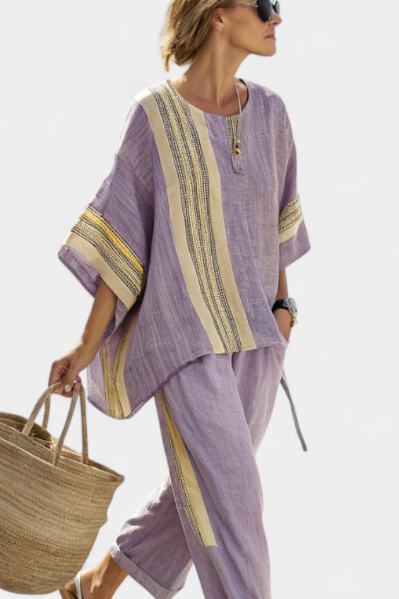 Esther - Women's Oversized Linen Top & Striped Cropped Pants Set