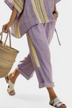 Esther - Women's Oversized Linen Top & Striped Cropped Pants Set
