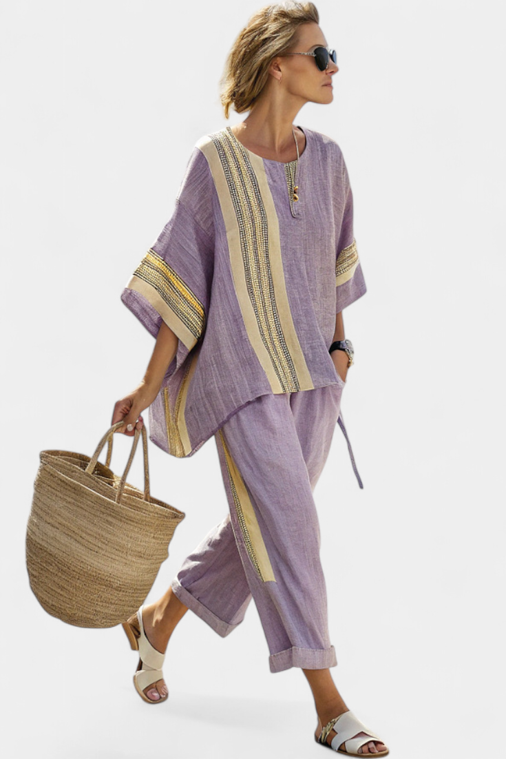 Esther - Women's Oversized Linen Top & Striped Cropped Pants Set