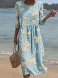 Eulalia - Women's Embroidered Floral Midi Dress with Three-Quarter Sleeves
