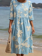 Eulalia - Women's Embroidered Floral Midi Dress with Three-Quarter Sleeves