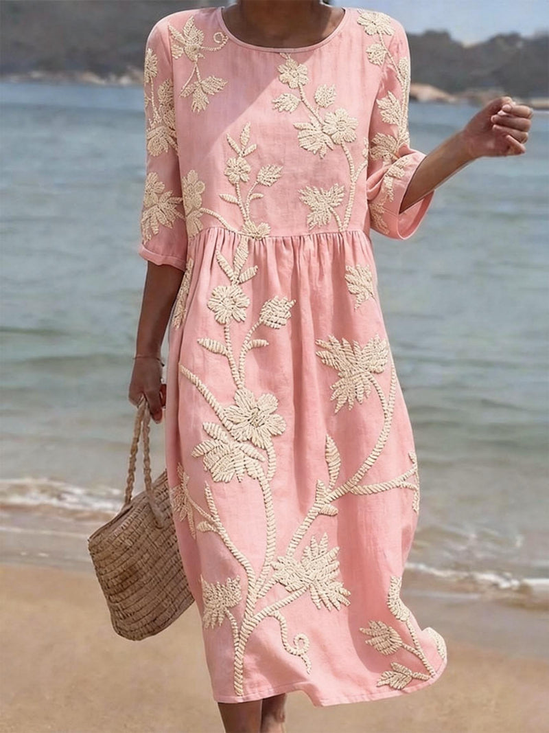 Eulalia - Women's Embroidered Floral Midi Dress with Three-Quarter Sleeves