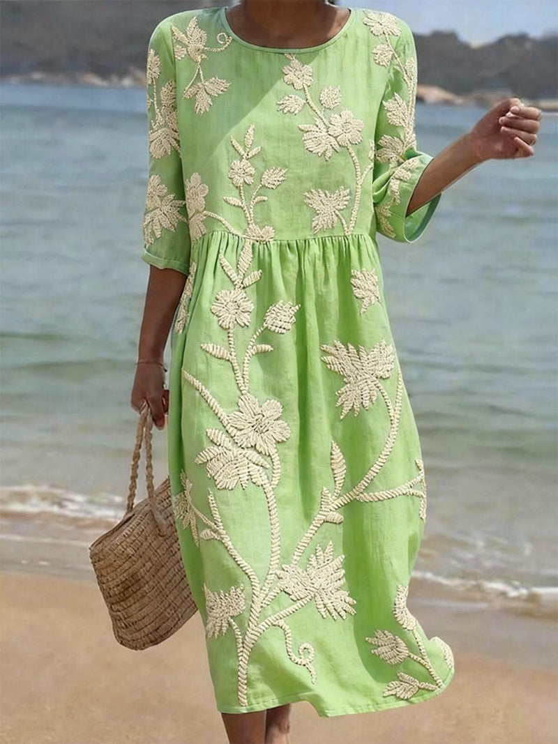 Eulalia - Women's Embroidered Floral Midi Dress with Three-Quarter Sleeves