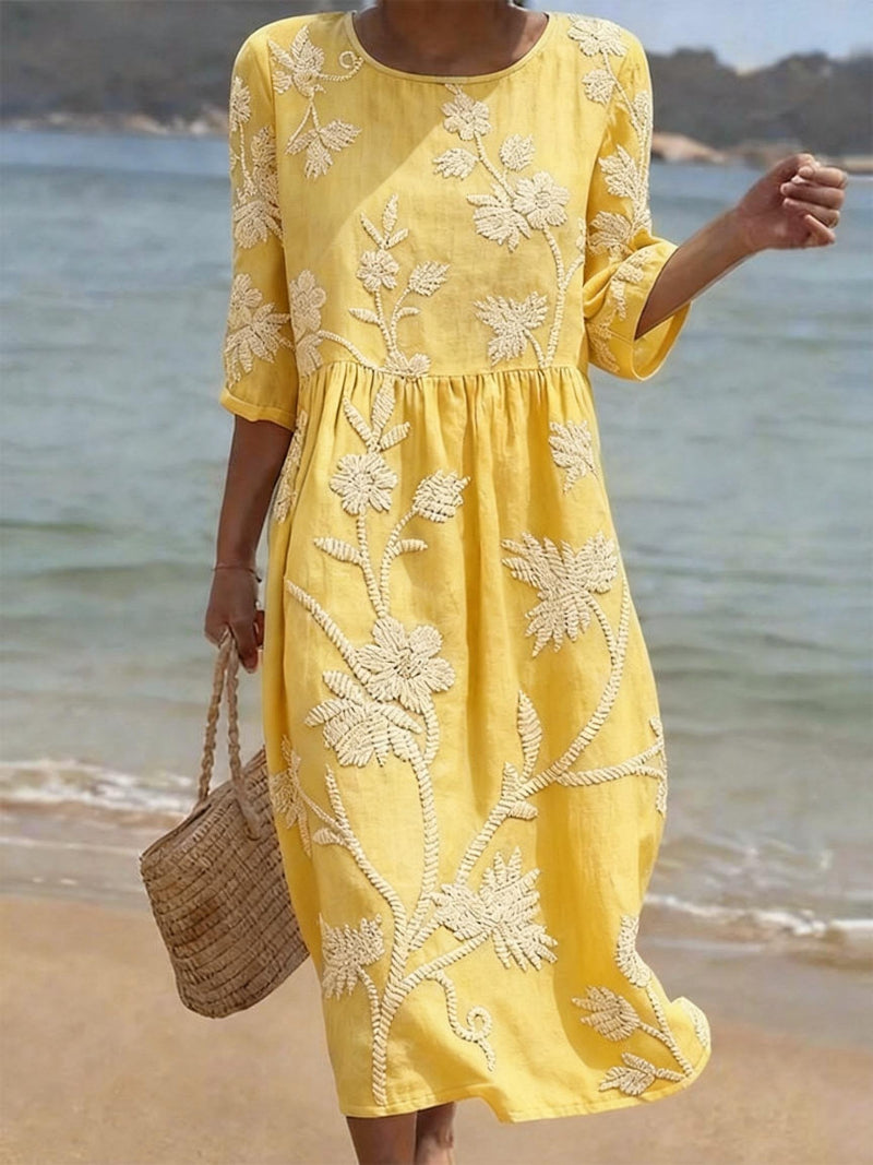 Eulalia - Women's Embroidered Floral Midi Dress with Three-Quarter Sleeves