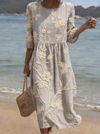 Eulalia - Women's Embroidered Floral Midi Dress with Three-Quarter Sleeves