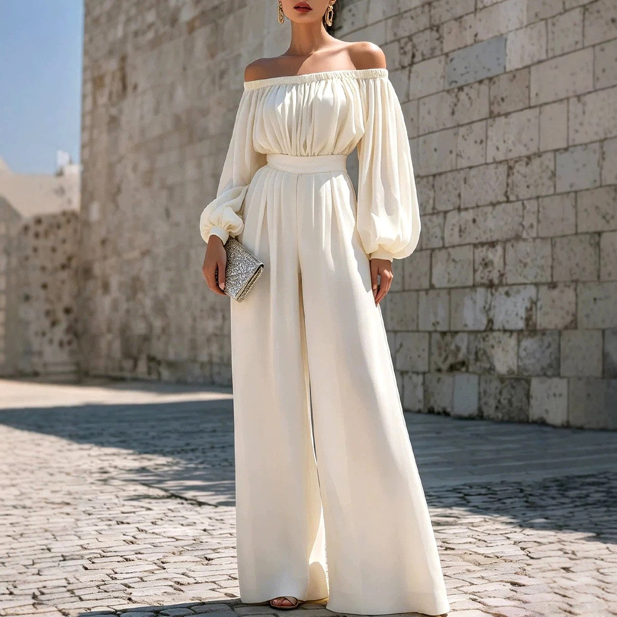 Eulalia - Women's Off-Shoulder Belted Wide Leg Jumpsuit 1