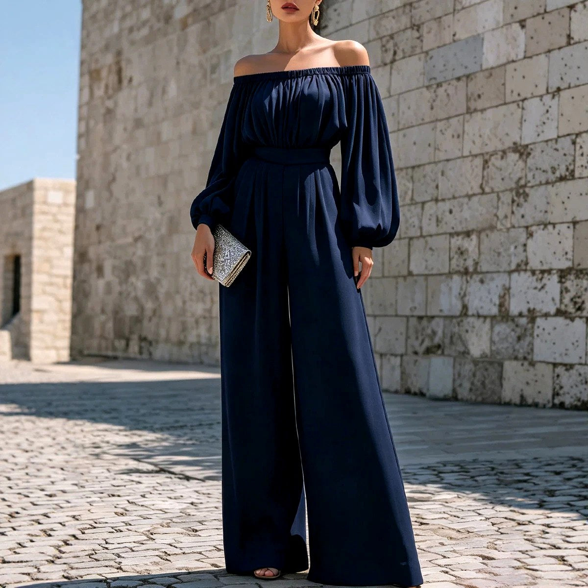 Eulalia - Women's Off-Shoulder Belted Wide Leg Jumpsuit 2