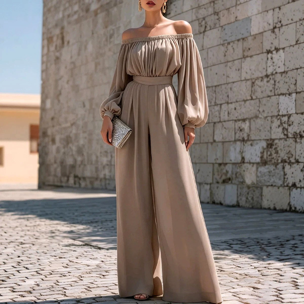 Eulalia - Women's Off-Shoulder Belted Wide Leg Jumpsuit 3