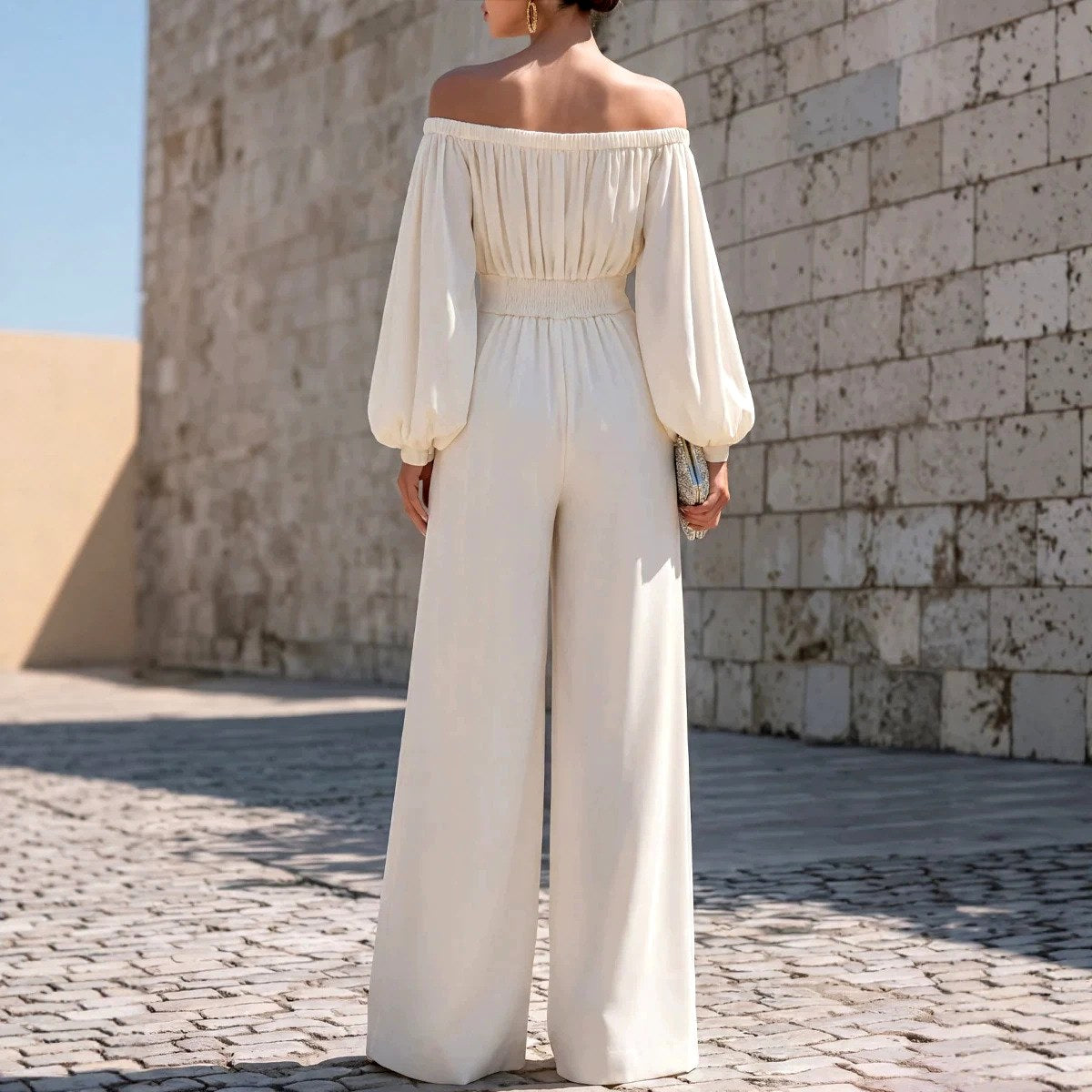 Eulalia - Women's Off-Shoulder Belted Wide Leg Jumpsuit 4