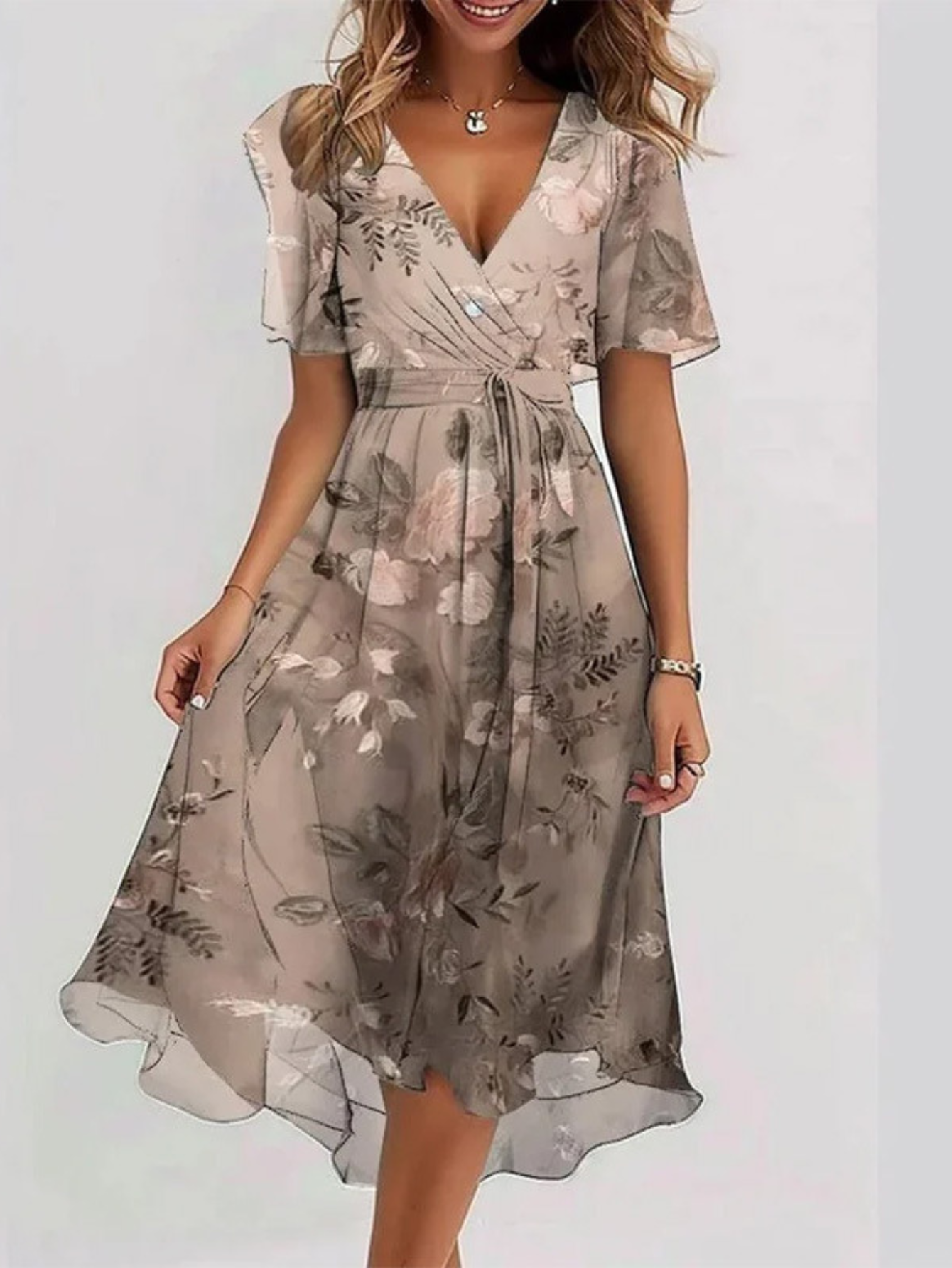 Fiona - Women's Floral Wrap Midi Dress with Short Sleeves