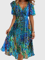 Fiona - Women's Floral Wrap Midi Dress with Short Sleeves