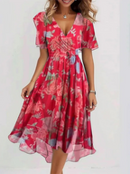 Fiona - Women's Floral Wrap Midi Dress with Short Sleeves