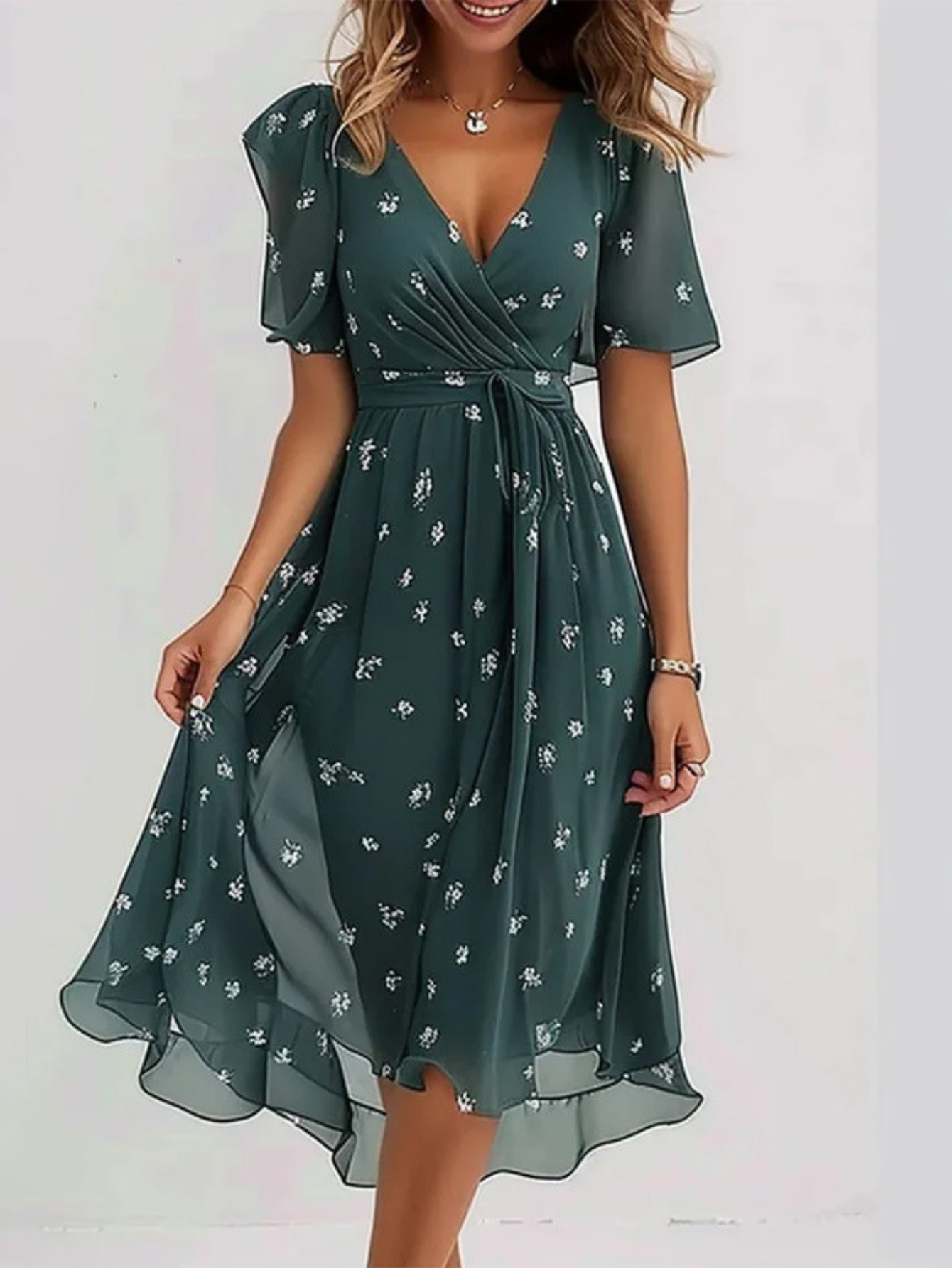 Fiona - Women's Floral Wrap Midi Dress with Short Sleeves