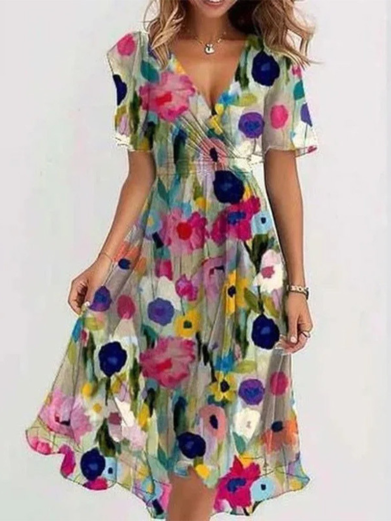 Fiona - Women's Floral Wrap Midi Dress with Short Sleeves