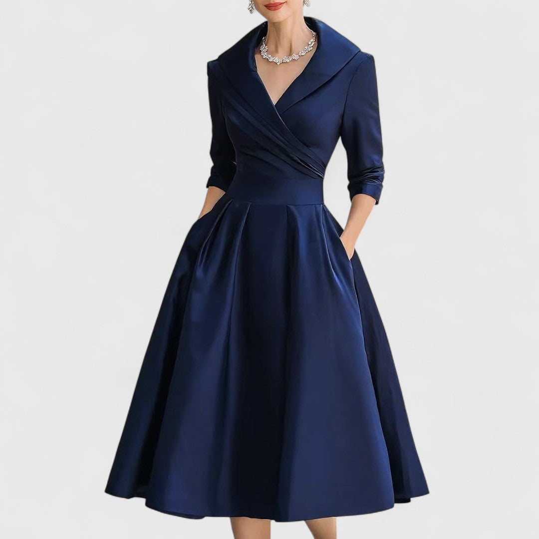 Genevieve - Women's Wrap V-Neck Midi Dress with 3/4 Sleeves