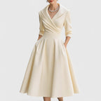 Genevieve - Women's Wrap V-Neck Midi Dress with 3/4 Sleeves