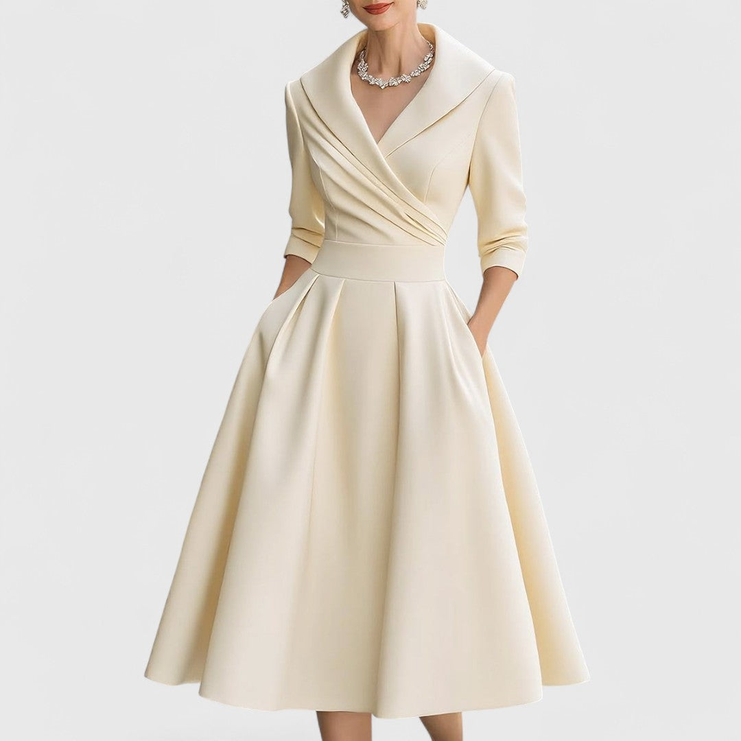 Genevieve - Women's Wrap V-Neck Midi Dress with 3/4 Sleeves