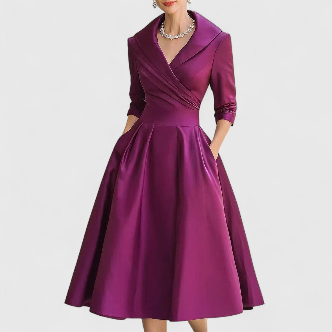 Genevieve - Women's Wrap V-Neck Midi Dress with 3/4 Sleeves